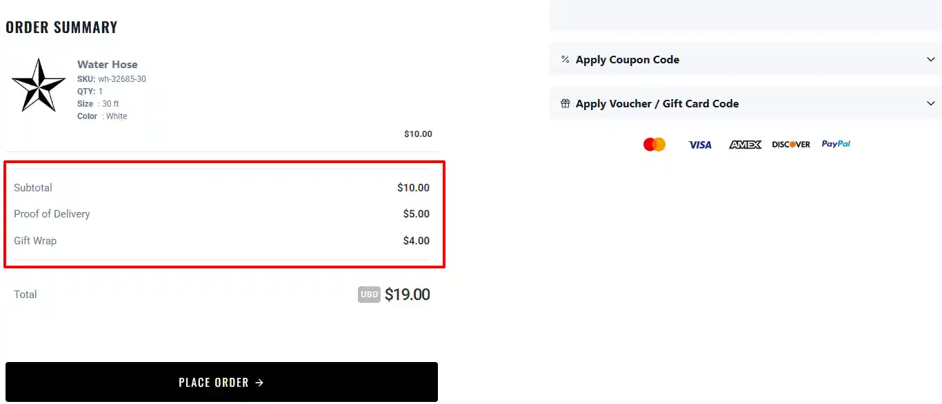 Cart page with additional fee enabled