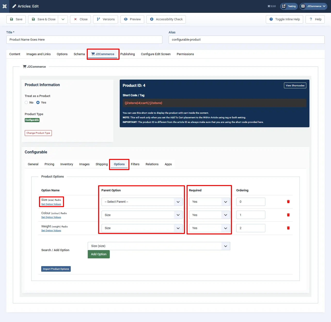 Setting option values
