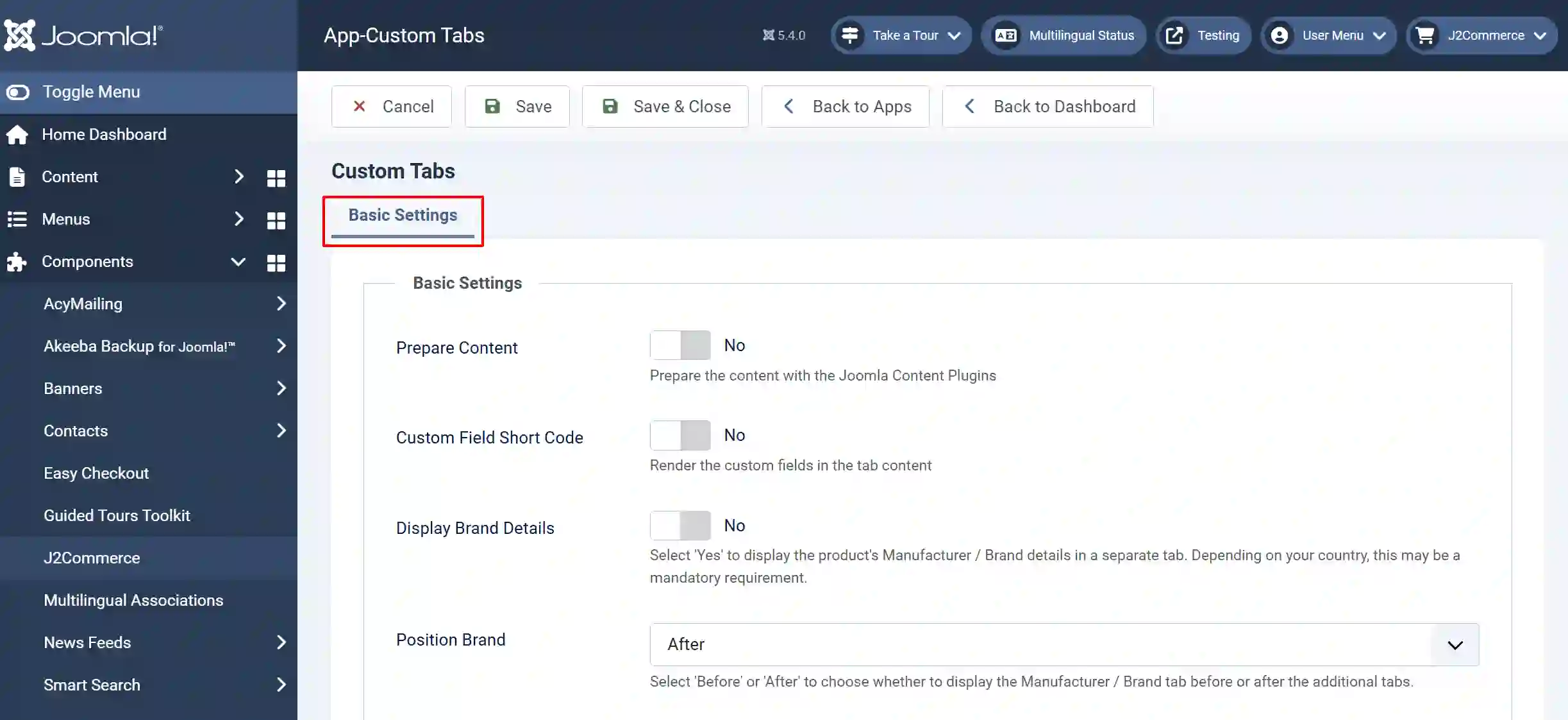 Custom tab settings