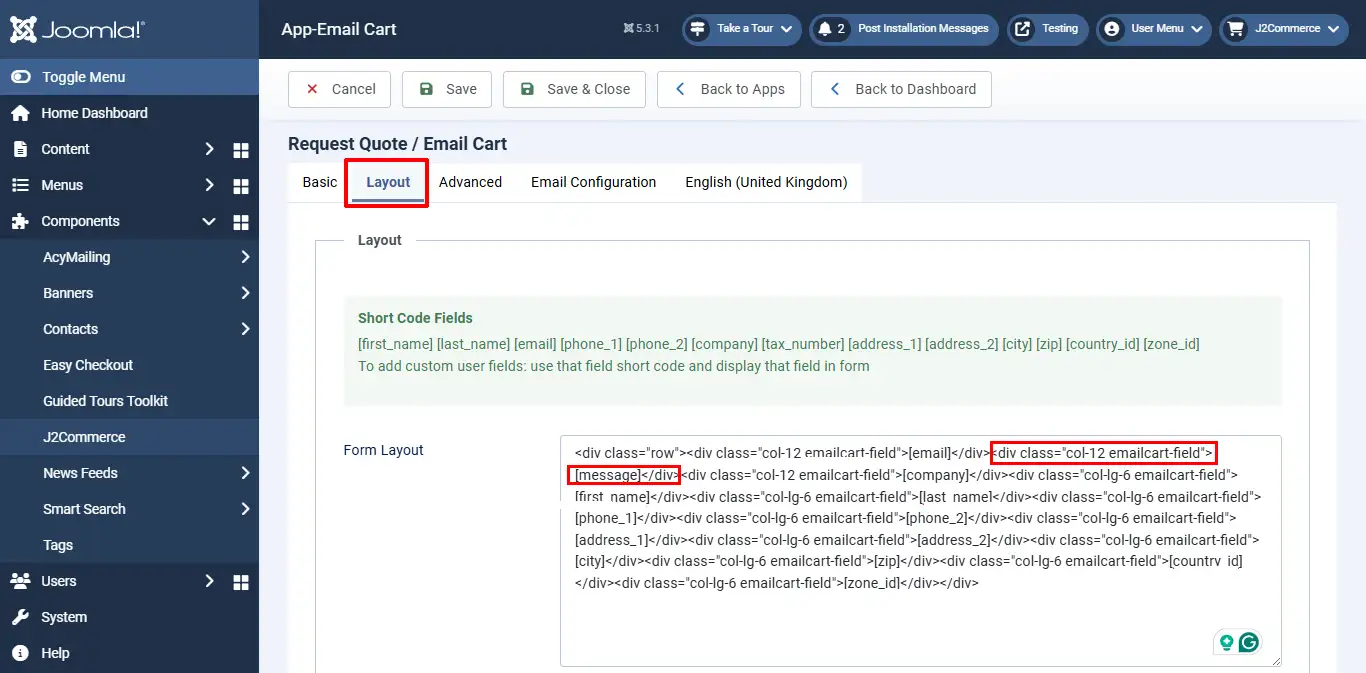 Layout of email basket