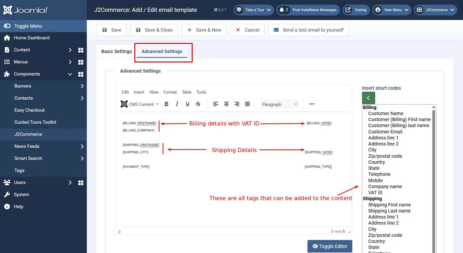 Advanced settings adding shortcodes