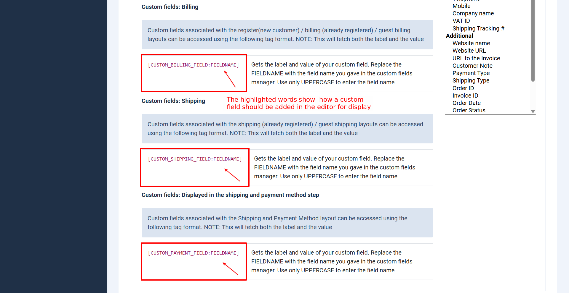 Supported shortcodes for custom fields