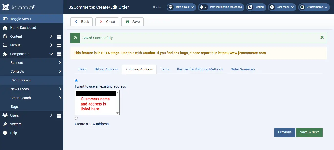 Shipping address