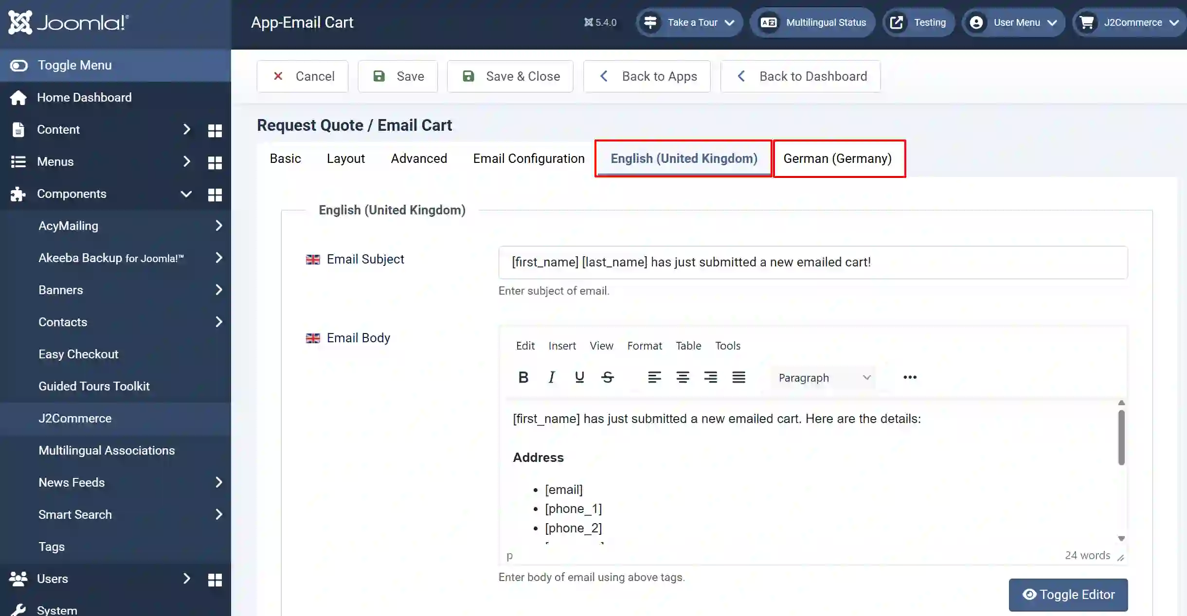 Email configuration in the English tab
