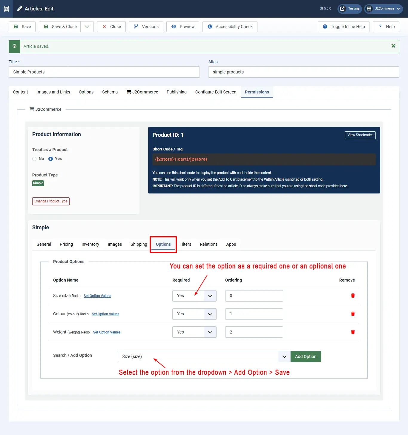 Adding options to product